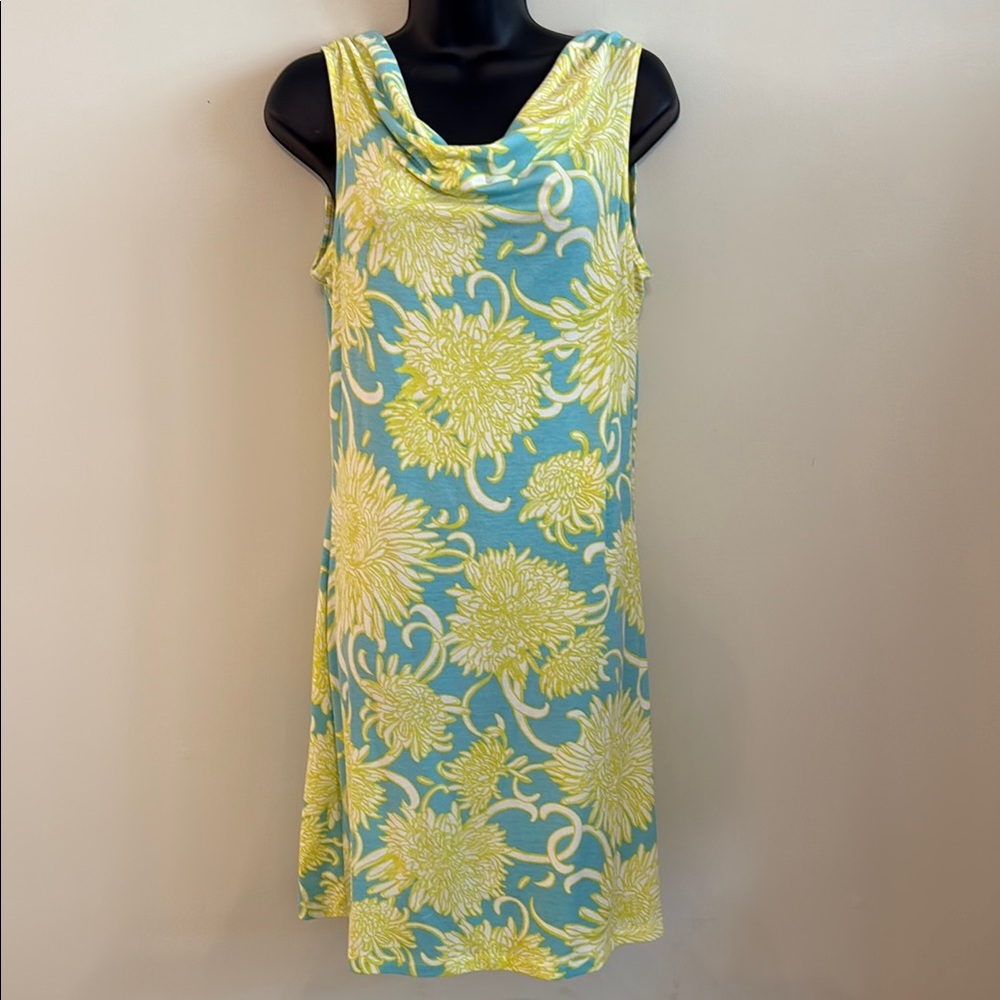 Title Nine Aqua blue & Yellow Floral Sleeveless Cowl Neck Breeze Dress Medium